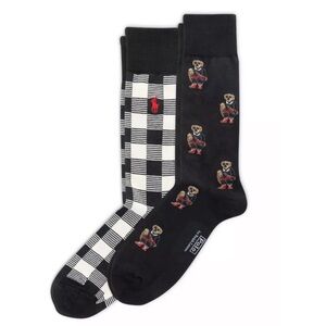 Polo by Ralph Lauren Holiday Bear Men’s Socks, 2-Pk Black/White. Sz 6-12.5. NWT!
